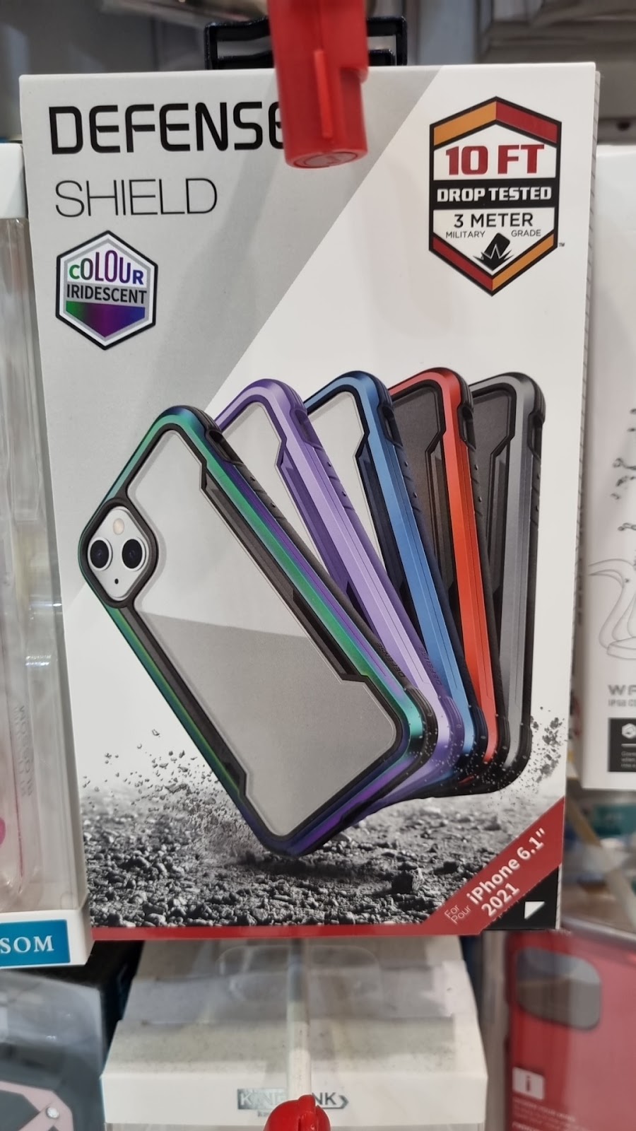 A tough drop tested phone case on the display hook